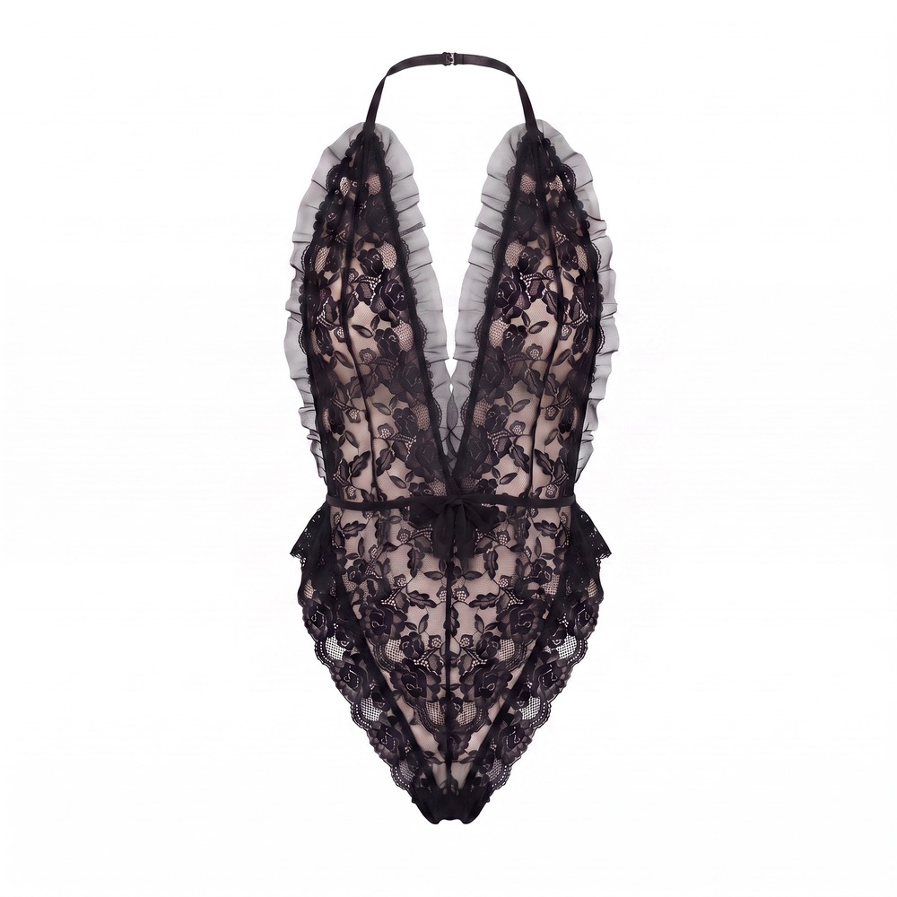 Adore Me Floral Lace Bodysuit 2X Black Ruffle Halter Plunge Coquette Romantic
